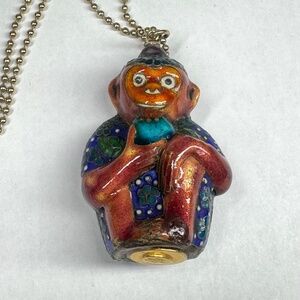 VTG Les Bernard Inc. 2” Cloisonné Monkey Eating FruitPendant on Chain Signed